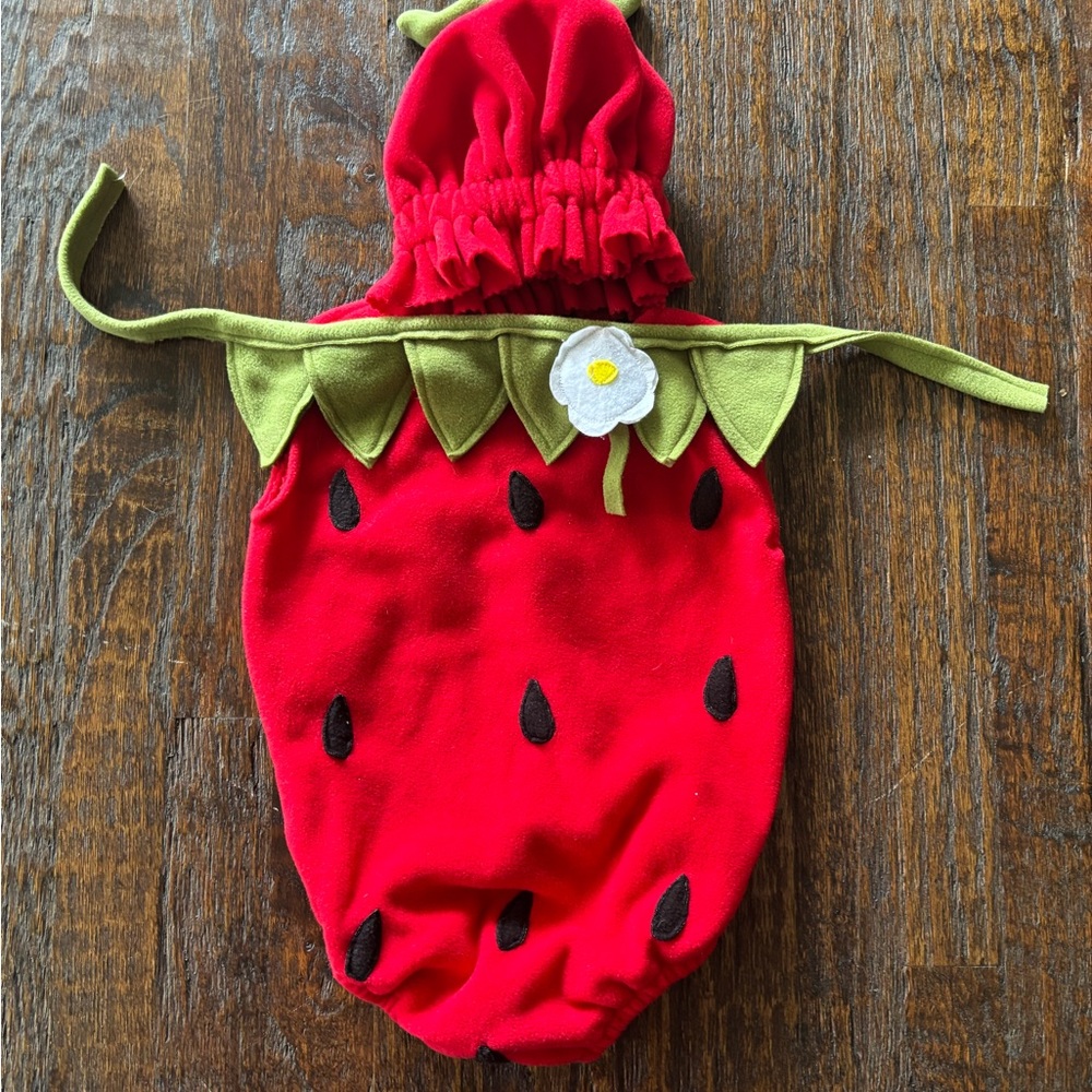 Red Strawberry Kids Halloween Costume Romper with Green Leaf Collar and Hat